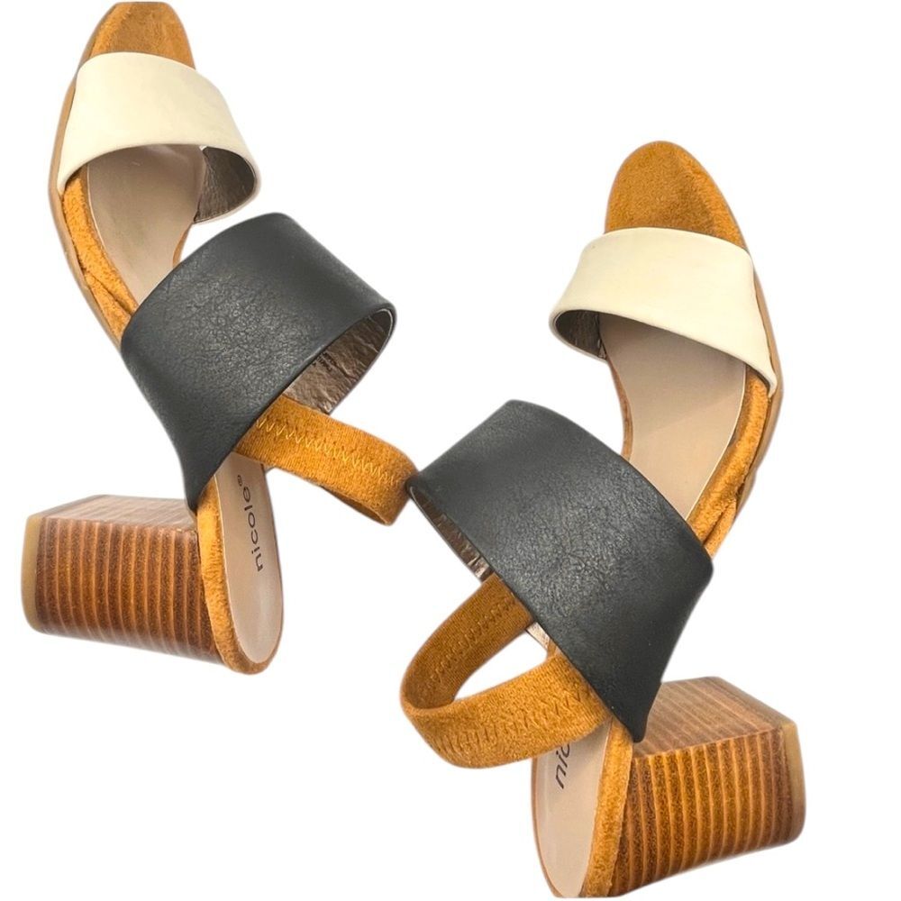 Nicole Two-Tone Block Heel Sandals Strappy Blue Ivory Summer Shoes Size 10 New